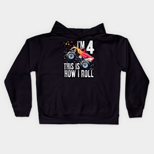 Kids Year Old 4th Birthday Boy Monster Truck Car T Kids Hoodie